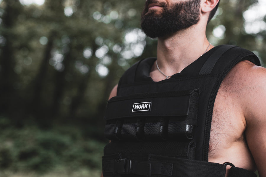 MVRK weighted vest worn with the waist strap fastened