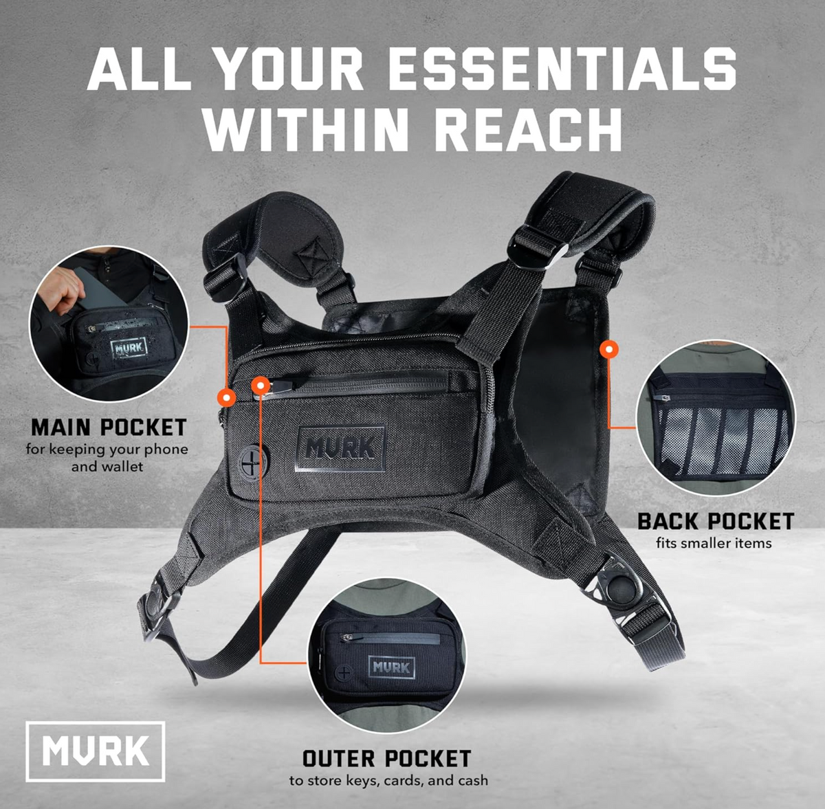 Phone and small essentials shown with the MVRK chest pack